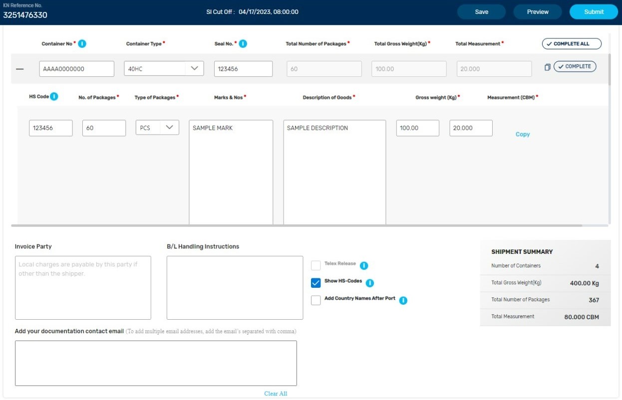 Fill in your cargo details to submit an eSI form